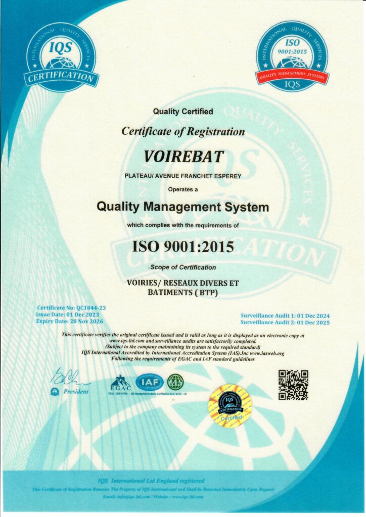 VOIREBAT certifiée Iso 9001:2015